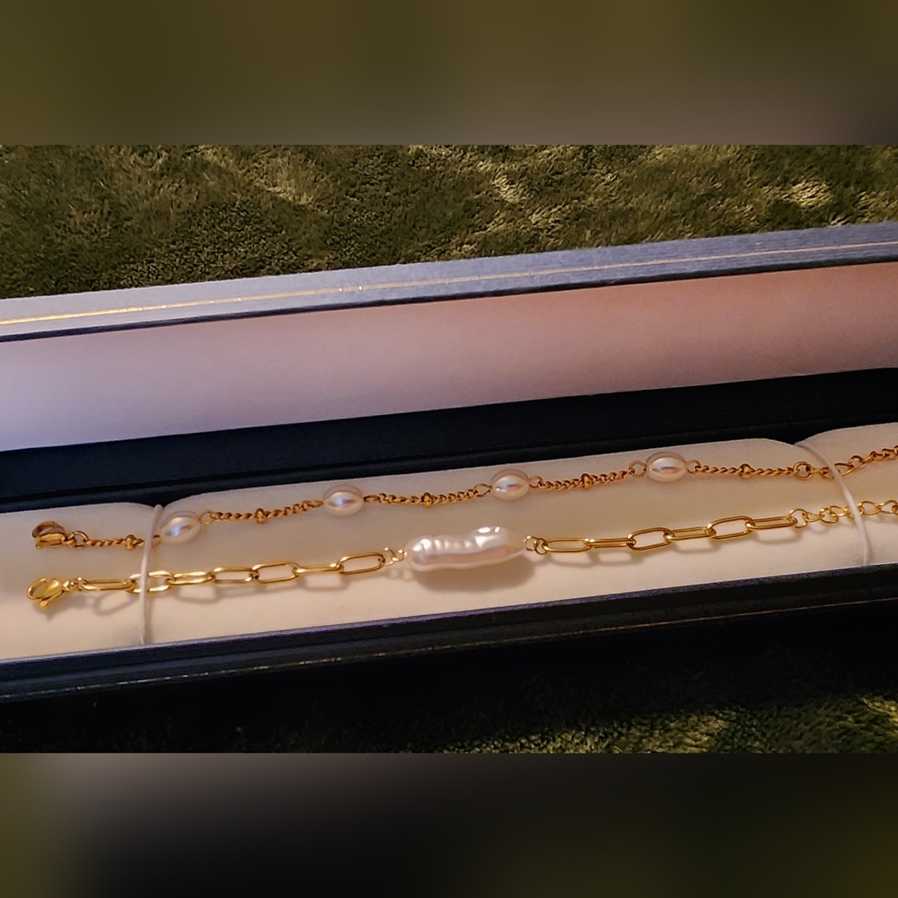 Slide Jewelry Stainless Steel Set Of 2 Pearl  Gold Designer Inspired Bracelets.